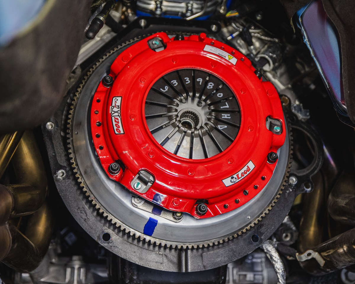 McLeod RXT 1200 twin disc clutch installed on a Mustang flywheel