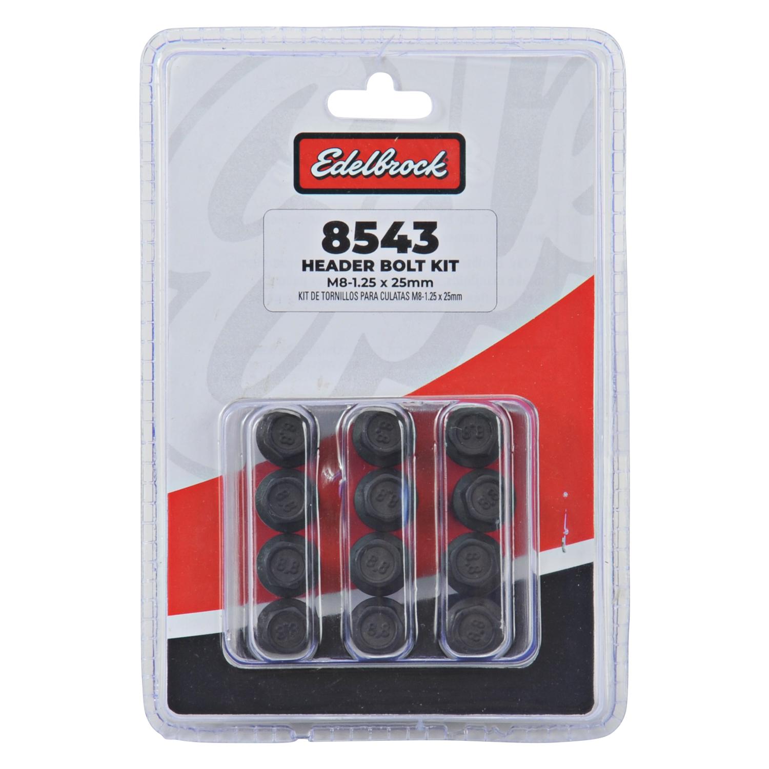 Edelbrock Exhaust Header Bolt Kit #8543 contains a set of 12 high-quality black oxide steel flanged bolts for universal applications that require a M8-1.25 thread pitch and 25mm length. - 8543