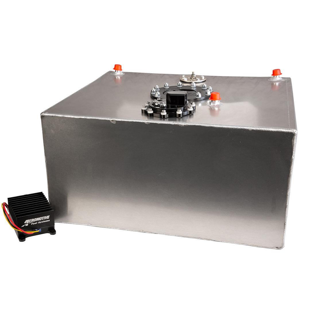 Aeromotive Brushless 90° 3.5 GPM 15-Gal Stealth Fuel Cell with True Variable Speed Controller. Baffled to control slosh and includes ORB-10 outlet, AN-08 return and AN-08 - Rollover protected vent. 90° pump outlet and remote TVS for low profile. - 19309