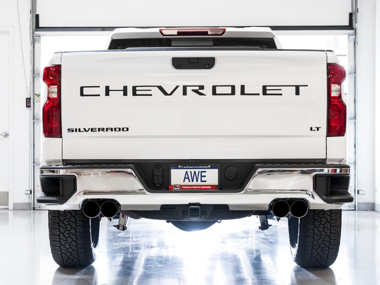 AWE 0FG Catback Split Rear Exit Exhaust for 4th Gen Silverado/Sierra 1500 6.2L (With Bumper Cutouts) - Quad Diamond Black Tips - 3015-43204