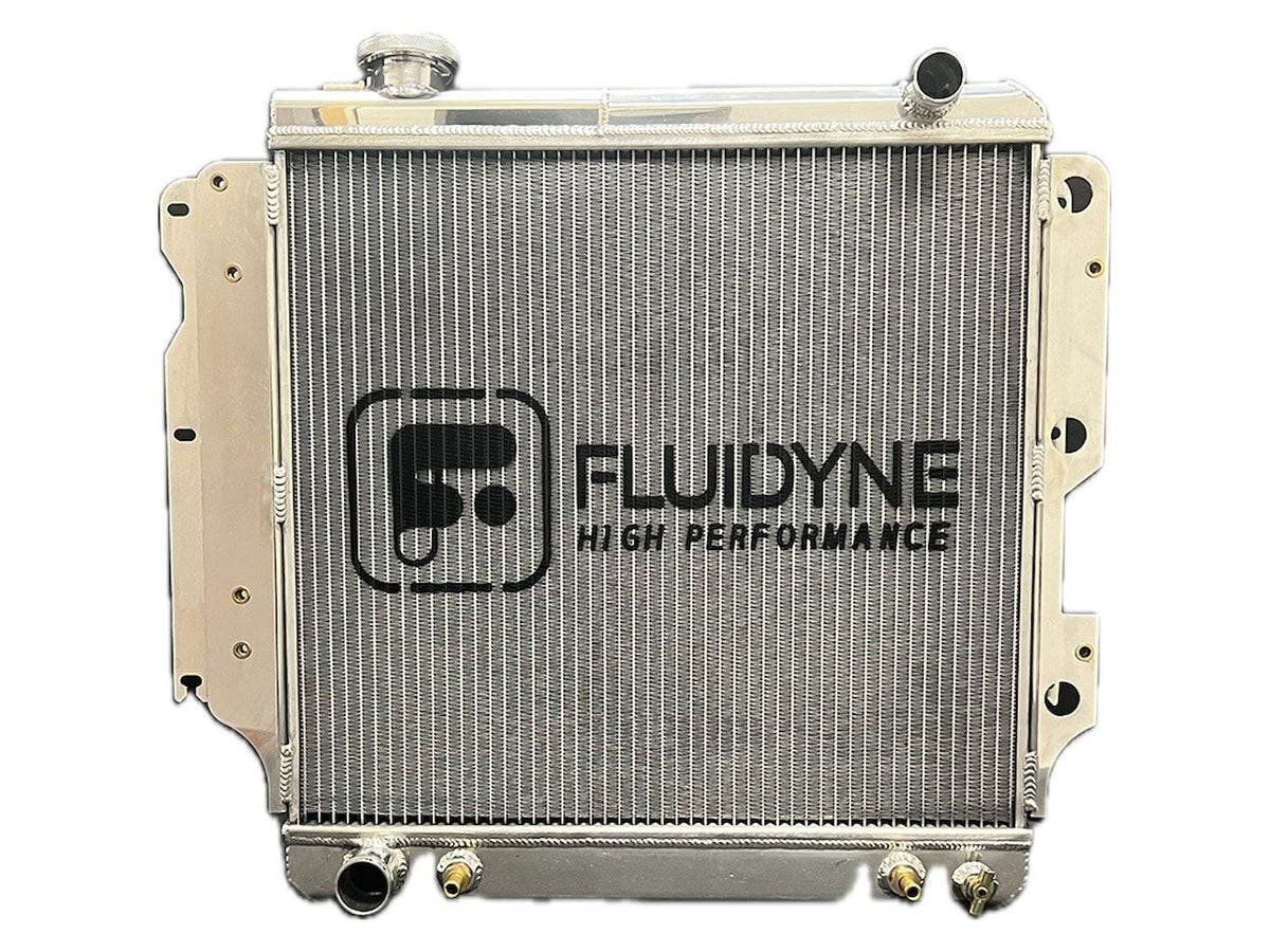 Fluidyne 1987-2006 Wrangler Jeep YJ TJ Automatic Polished Aluminum Radiator 26x24 - 2 Row - 26x24 - 1987-2006 Jeep Wrangler YJ TJ L4/L6 Automatic Polished Aluminum Radiator - RJP.2R2624.A