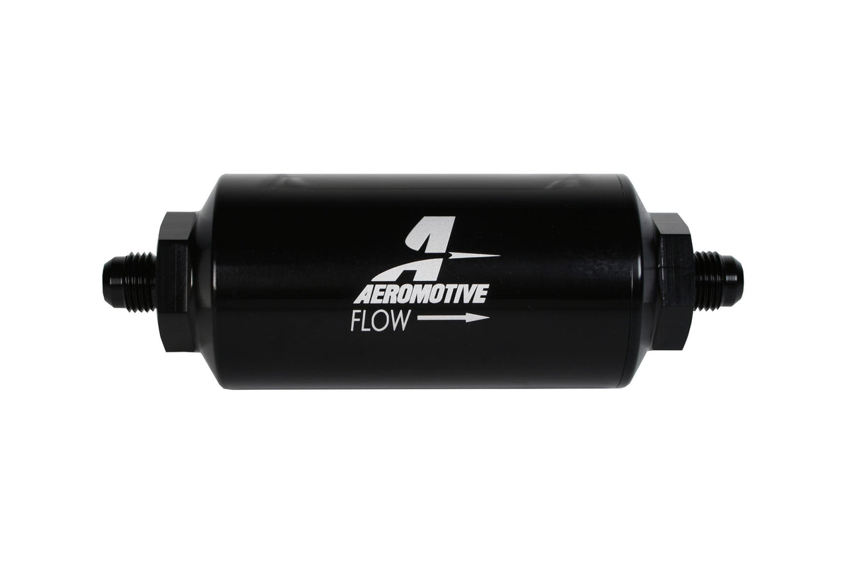 Aeromotive Filter, In-Line, 238-m Stainless Mesh Element, AN-06 Male, Bright-Dip Black, 2" OD. - 12390