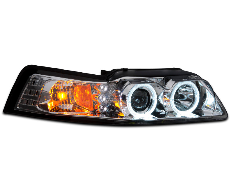 Raxiom 99-04 Ford Mustang Dual LED Halo Projector Headlights- Chrome Housing (Clear Lens) - 49114