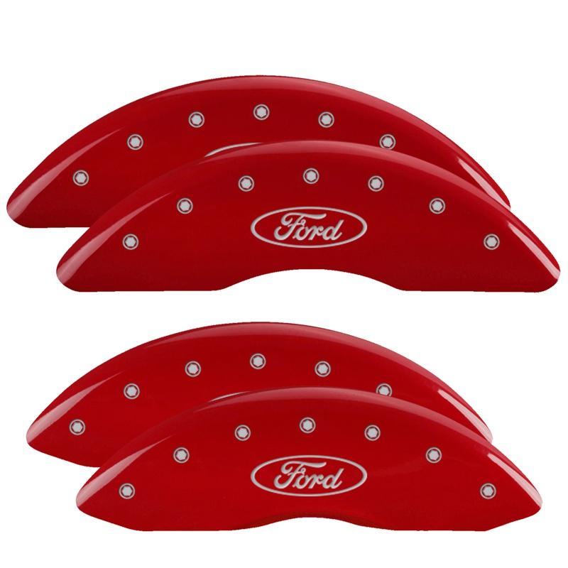 MGP Caliper Covers Set Of 4: Red Finish, Silver Ford Oval Logo (2013-2022 F-250 Super Duty, F-350 Super Duty) - 10235SFRDRD