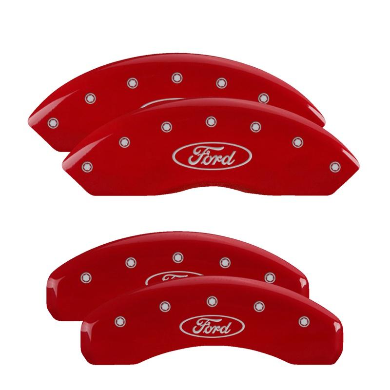 MGP Caliper Covers Set Of 4: Red Finish, Silver Ford Oval Logo (2019-2022 Bronco, Ranger) - 10248SFRDRD