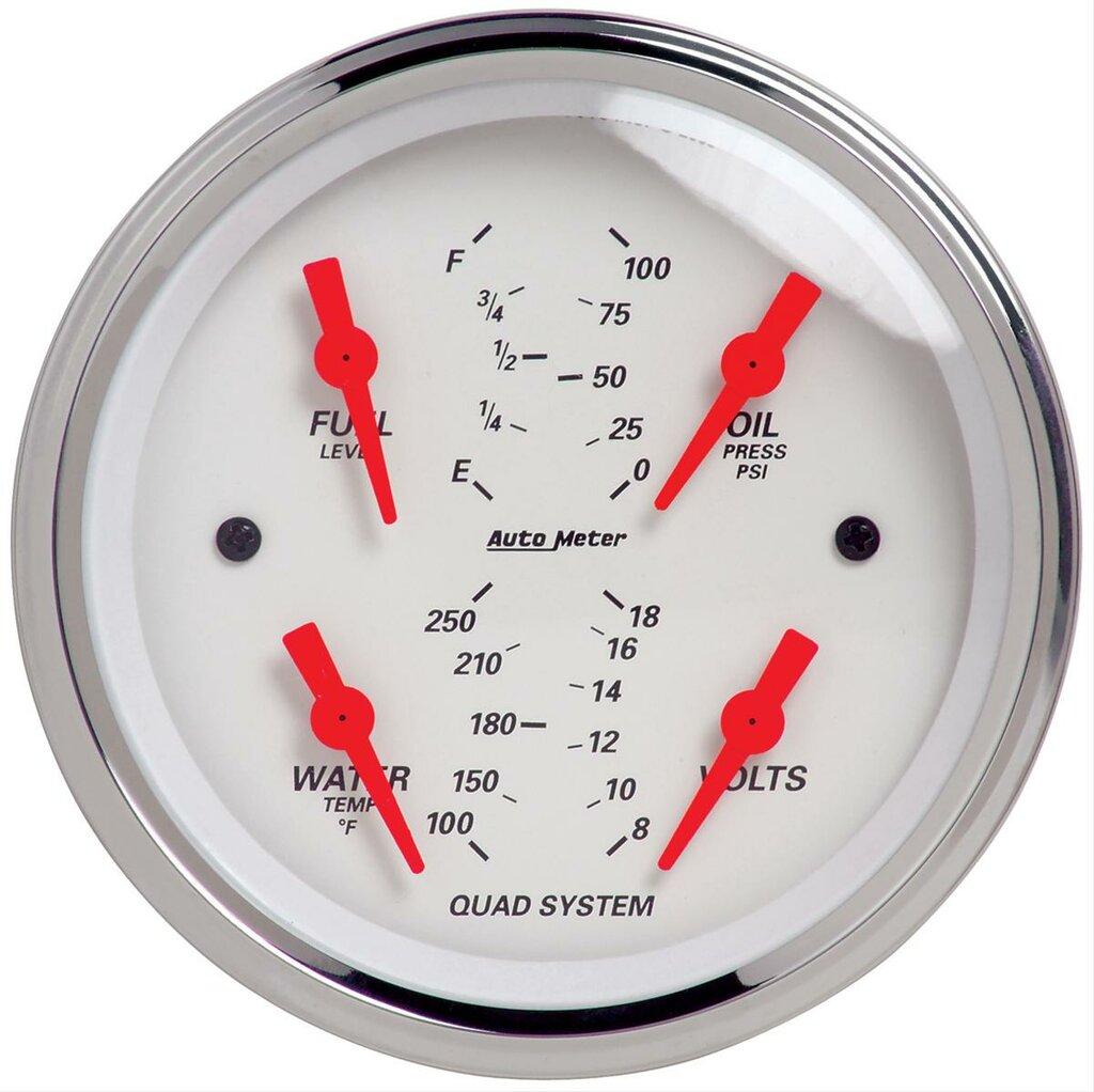 Auto Meter 3-3/8" QUAD GAUGE, 100 PSI/100-250 °F/8-18V/0-90 Ω, ARCTIC WHITE - 1314