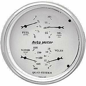 Auto Meter 5" QUAD GAUGE, 100 PSI/100-250 °F/8-18V/0-90 Ω, OLD-TYME WHITE - 1619