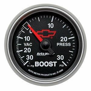 Auto Meter 2-1/16" BOOST/VACUUM, 30 IN HG/30 PSI, CHEVY RED BOWTIE, BLACK - 3603-00406