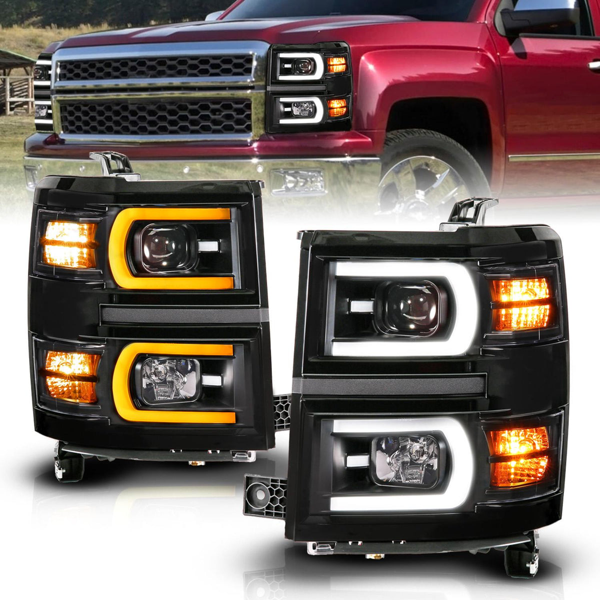 ANZO Black Housing Dual Switchback+Sequential Led Tube Square Projector Headlights (2014-2015 Silverado 1500) - 111617