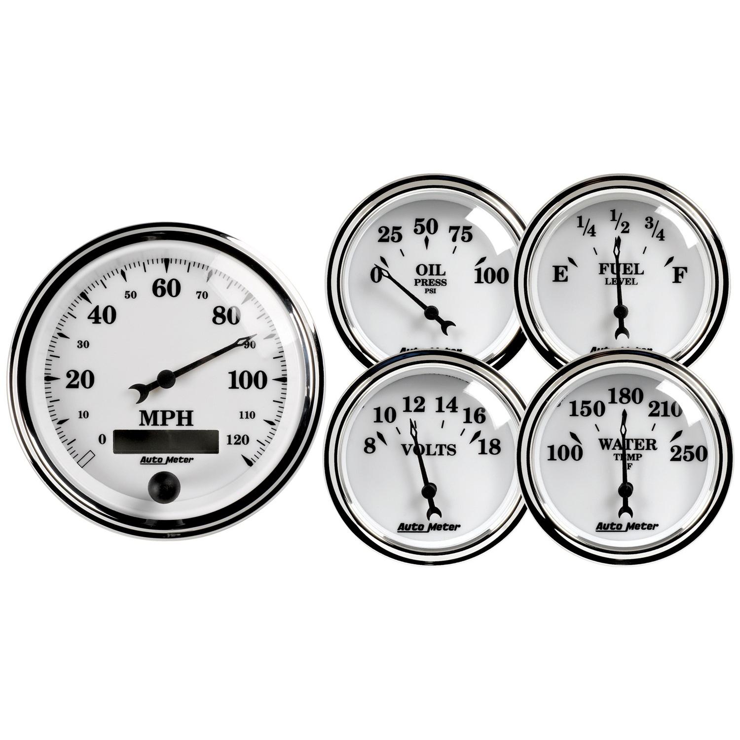 Auto Meter 5 PC. GAUGE KIT, 3-3/8" & 2-1/16", ELEC. SPEEDOMETER, OLD TYME WHITE II - 1200