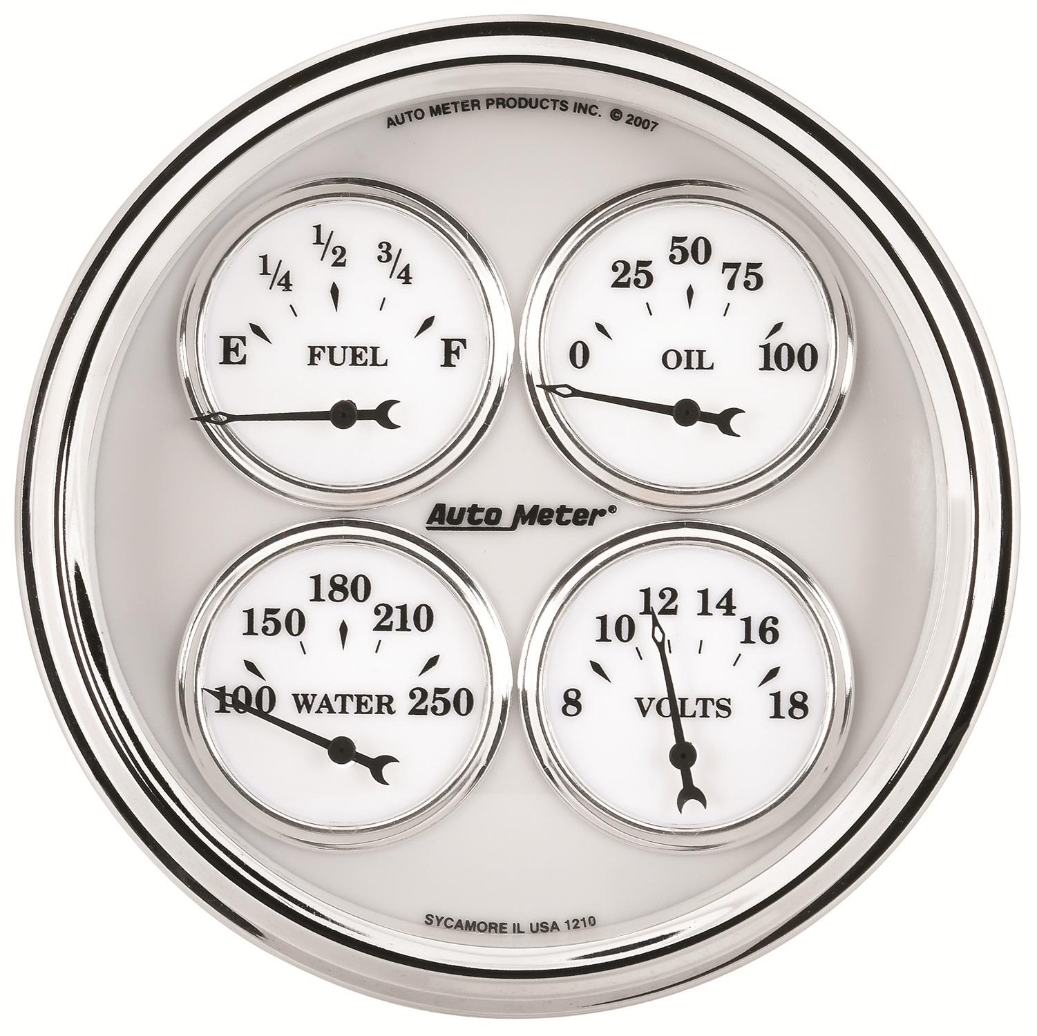 Auto Meter 5" QUAD GAUGE, 100 PSI/100-250 °F/8-18V/240-33 Ω, OLD-TYME WHITE II - 1210