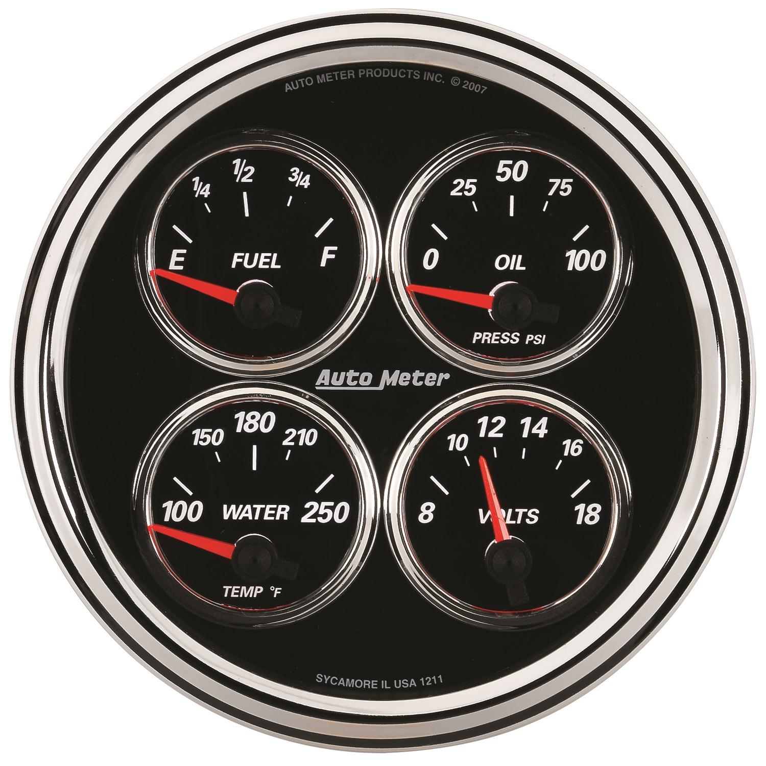 Auto Meter 5" QUAD GAUGE, 100 PSI/100-250 °F/8-18V/240-33 Ω, DESIGNER BLACK II - 1211