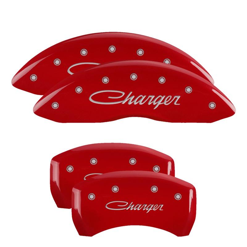 MGP Set Of 4: Red Finish, Silver Charger (Cursive) (2011-2023 Dodge Charger, Dodge Challenger) - 12181SCHSRD