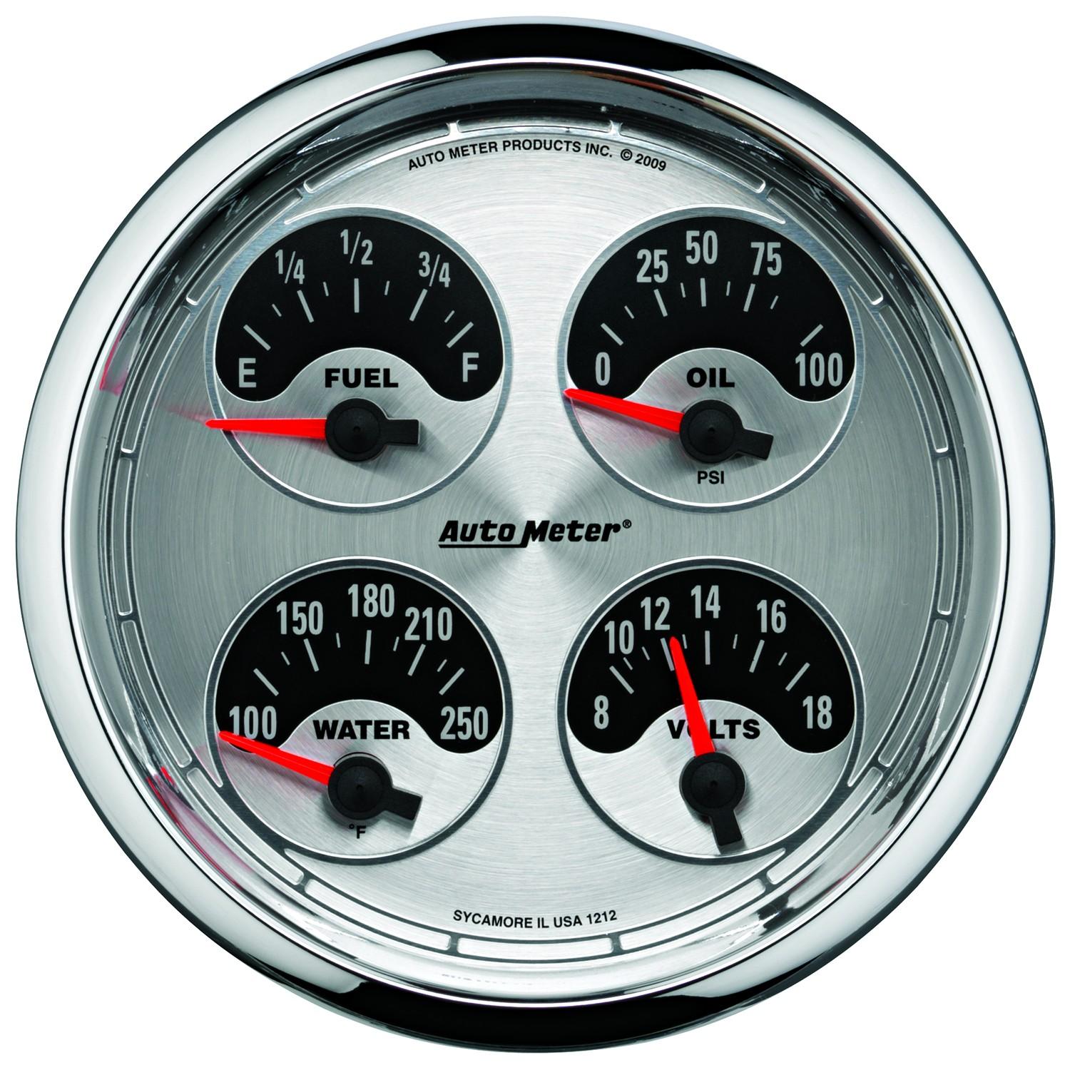 Auto Meter 5" QUAD GAUGE, 100 PSI/100-250 °F/8-18V/0-90 Ω, AMERICAN MUSCLE - 1225
