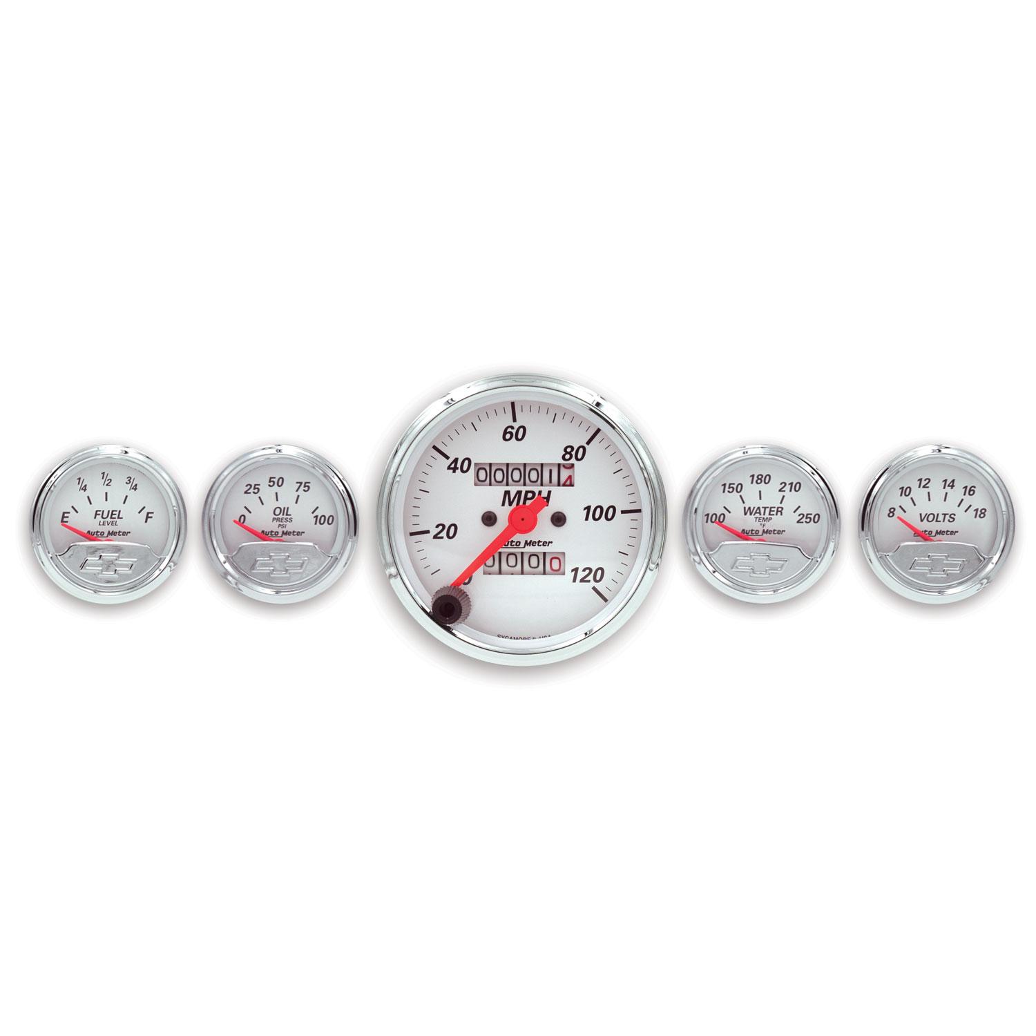 Auto Meter 5 PC. GAUGE KIT, 3-1/8" & 2-1/16", MECH. SPEEDO., CHEVROLET HERITAGE BOWTIE - 1300-00408