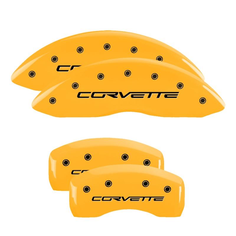 MGP Set of 4 caliper covers, Engraved Front and Rear: C6/Corvette, Yellow powder coat finish, black characters (2005-2013 Corvette Base) - 13008SCV6YL