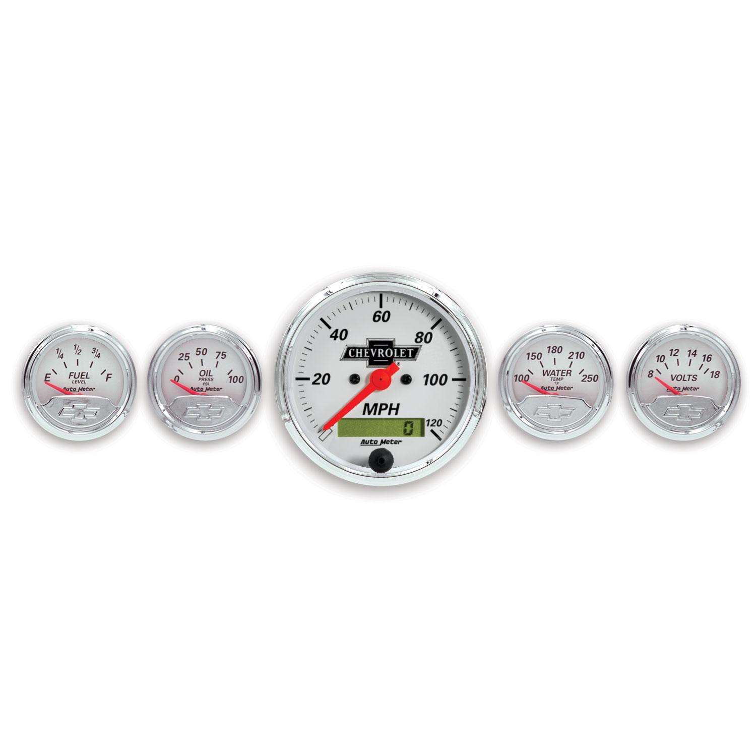 Auto Meter 5 PC. GAUGE KIT, 3-1/8" & 2-1/16", ELEC. SPEEDO., CHEVROLET HERITAGE BOWTIE - 1302-00408