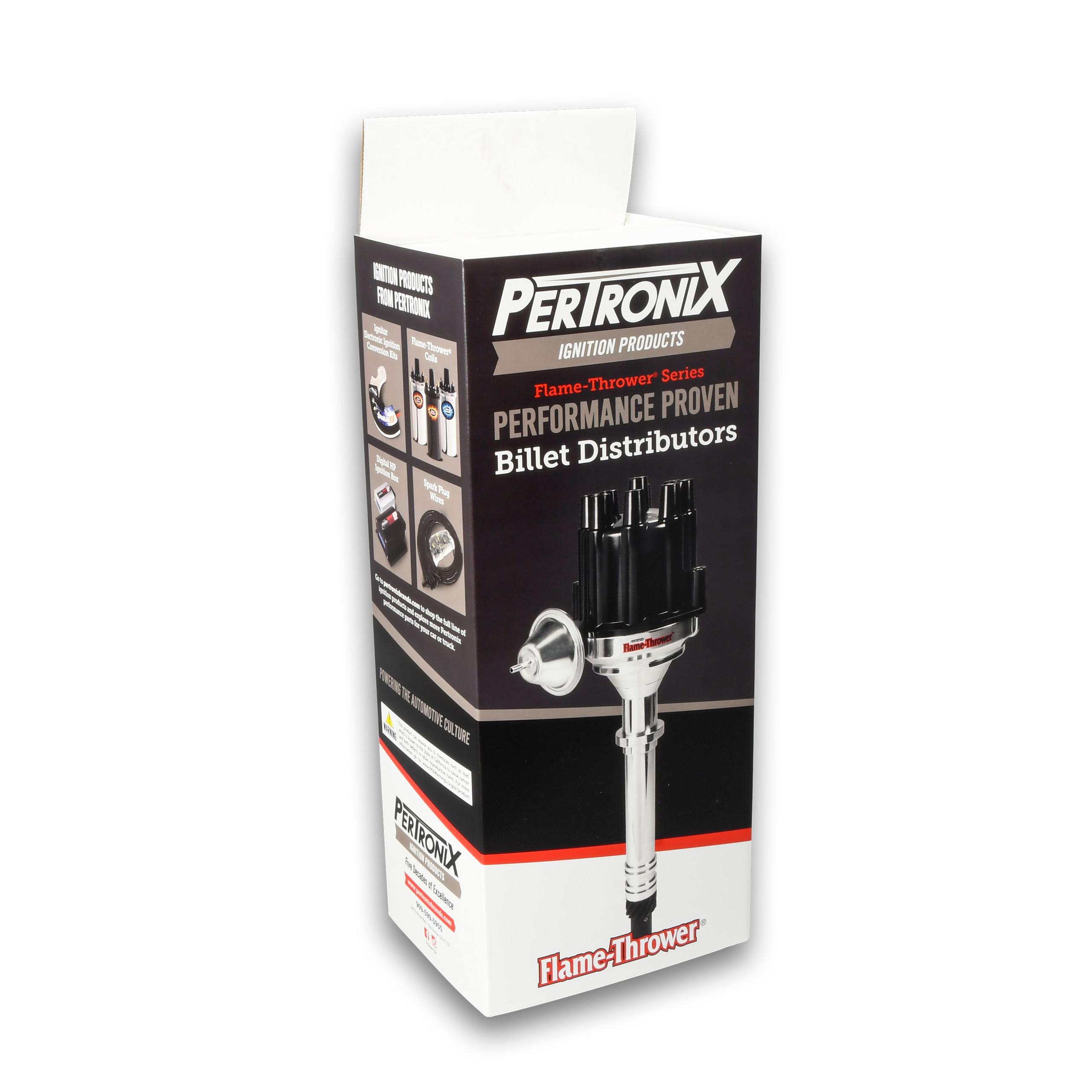 Pertronix FLAME-THROWER BILLET DISTRIBUTOR WITH IGNITOR II ELECTRONICS FOR CADILLAC 331-390(Pre63). VACUUM ADVANCE WITH BLACK FEMALE STYLE CAP. - D170700