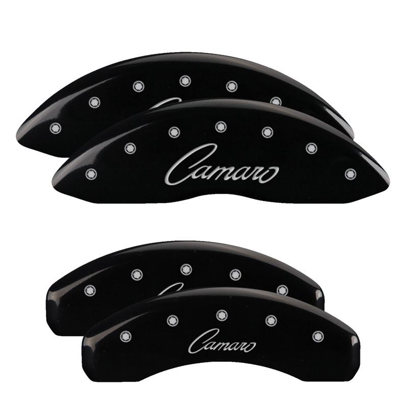 MGP Set Of 4: Black Finish, Silver Camaro (Cursive) (2010-2015 Camaro LS, Camaro LT) - 14033SCCSBK