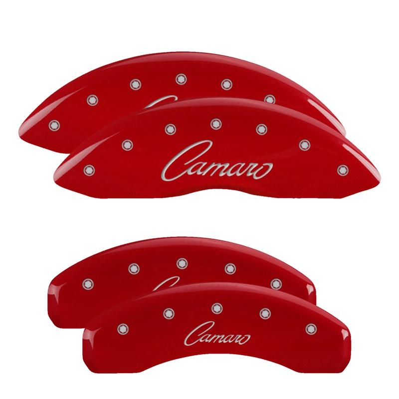 MGP Set Of 4: Red Finish, Silver Camaro (Cursive) (2010-2015 Camaro LS, Camaro LT) - 14033SCCSRD