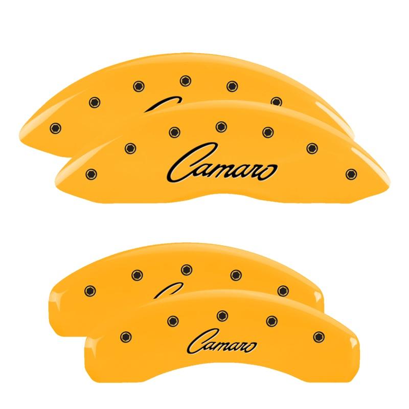 MGP Set Of 4: Yellow Finish, Black Camaro (Cursive) (2010-2015 Camaro LT, Camaro LS) - 14033SCCSYL