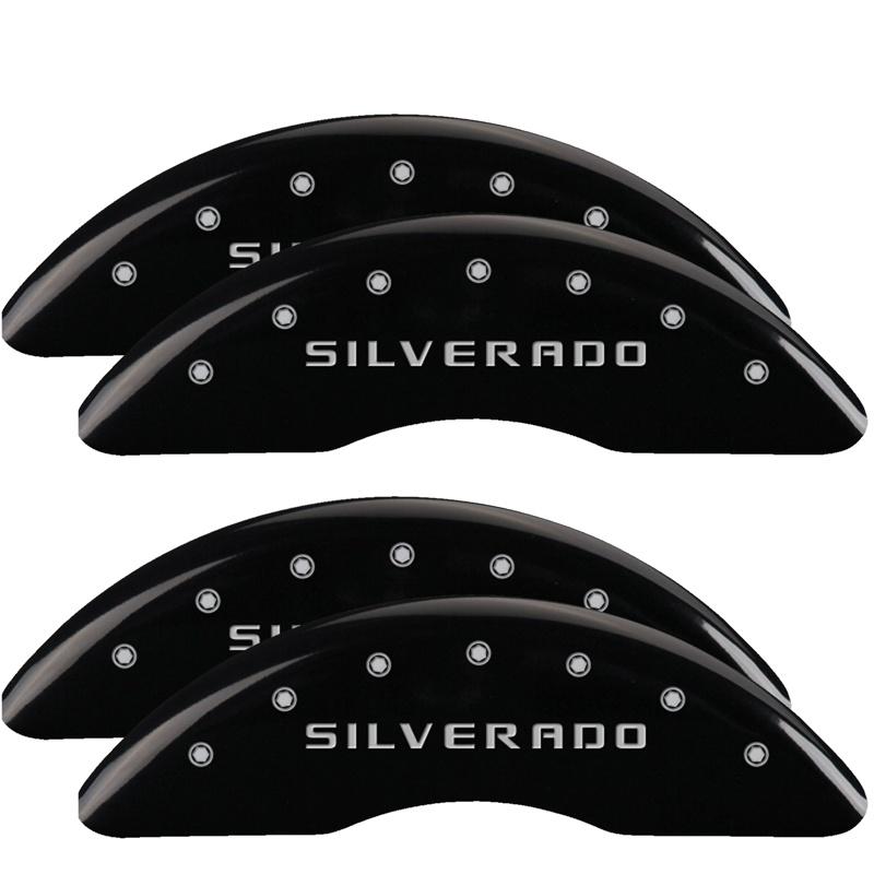 MGP Set Of 4: Black Finish, Silver Silverado (2011-2019 Chevrolet Silverado 2500 HD, Chevrolet Silverado 3500 HD) - 14173SSILBK
