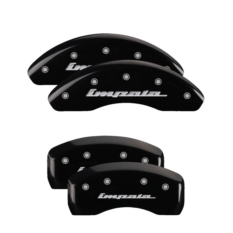 MGP Set of 4 caliper covers, Engraved Front and Rear: Impala, Black powder coat finish, silver characters. (2013-2020 Chevrolet Impala, Chevrolet Malibu, Chevrolet Malibu Limited) - 14223SIMPBK