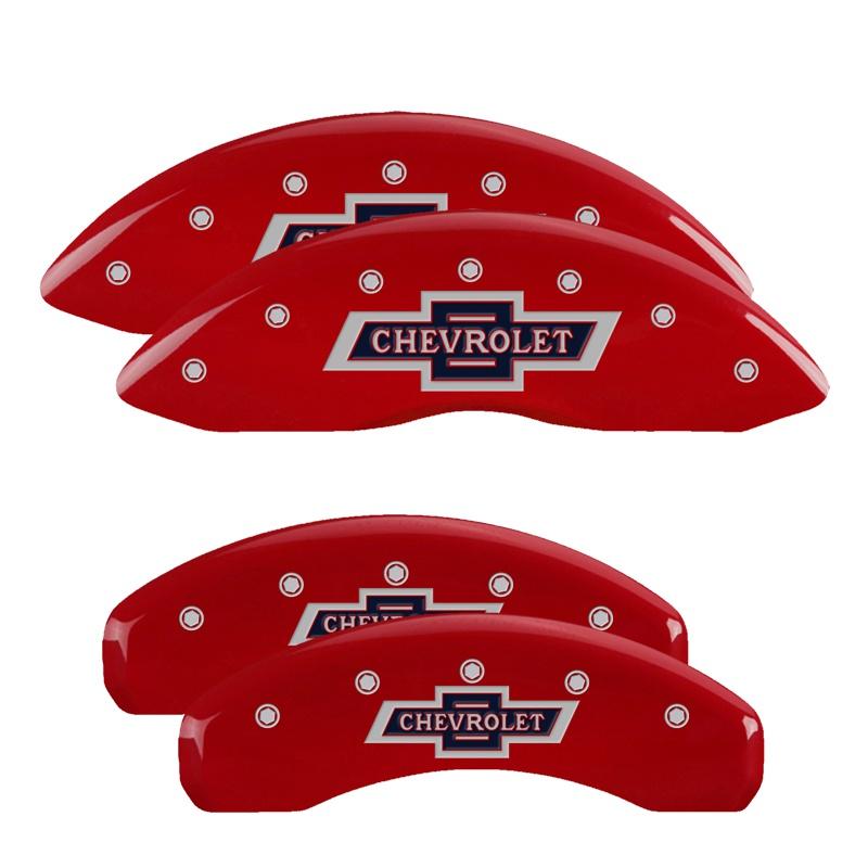 MGP Caliper Covers Set Of 4: Red Finish, Silver 100 Anniversary Chevrolet (2019-2022 Suburban, Tahoe, Silverado 1500) - 14252SBANRD
