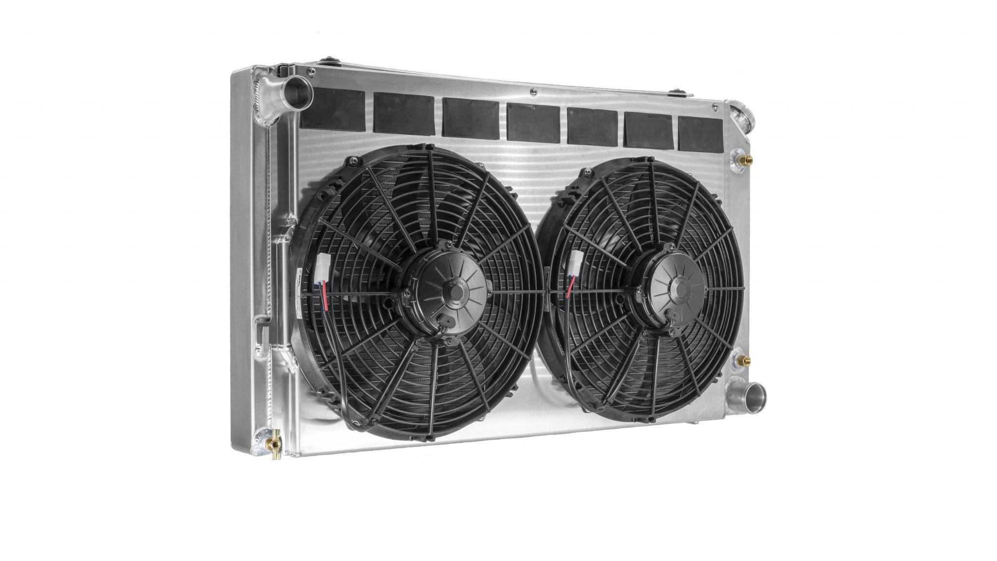 PWR Chevrolet Camaro 70-81 Pontiac Firebird 70-74 SB/BB Single Pass Radiator Module w/TOC and Dual 13 Inch Spal Fans PWR Racing - 15-00011