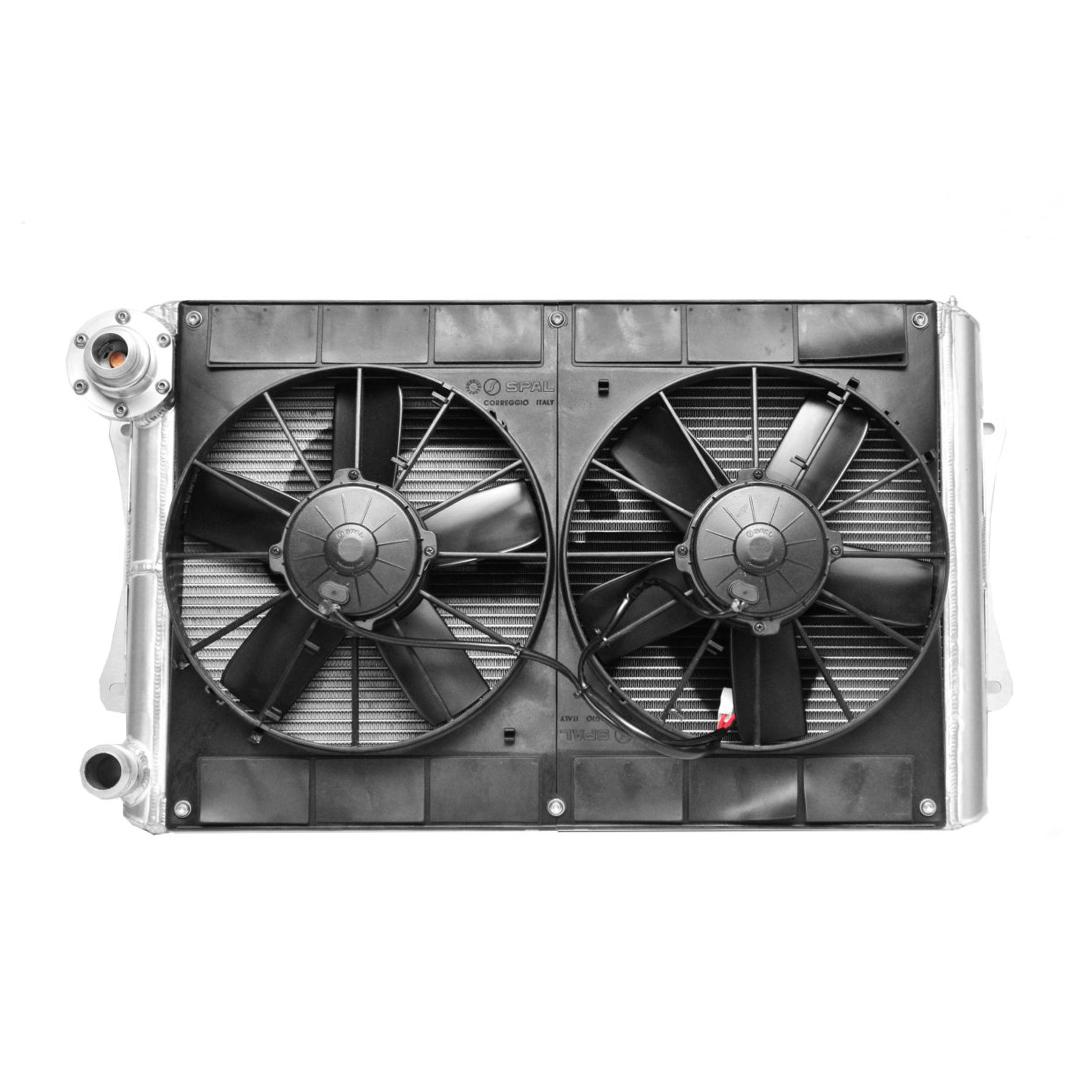 PWR Ford Mustang 64-66 42mm Crossflow Single Pass Extruded Tube Radiator Module SBF Open w/Spal Dual 11'' Fans - 15-10500
