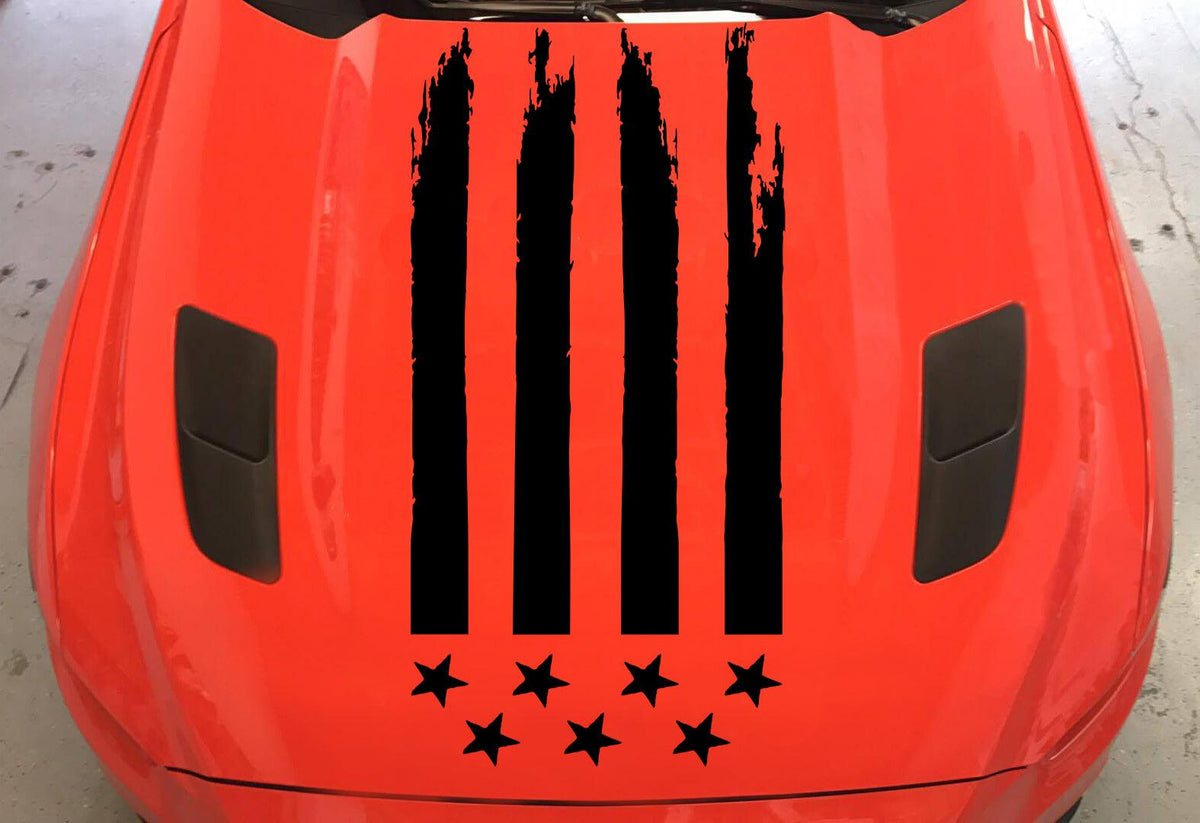 Anchor Room Tattered American Flag Hood Graphic - Gloss Black (2015-2017 Mustang) - 15FM_TFH_G