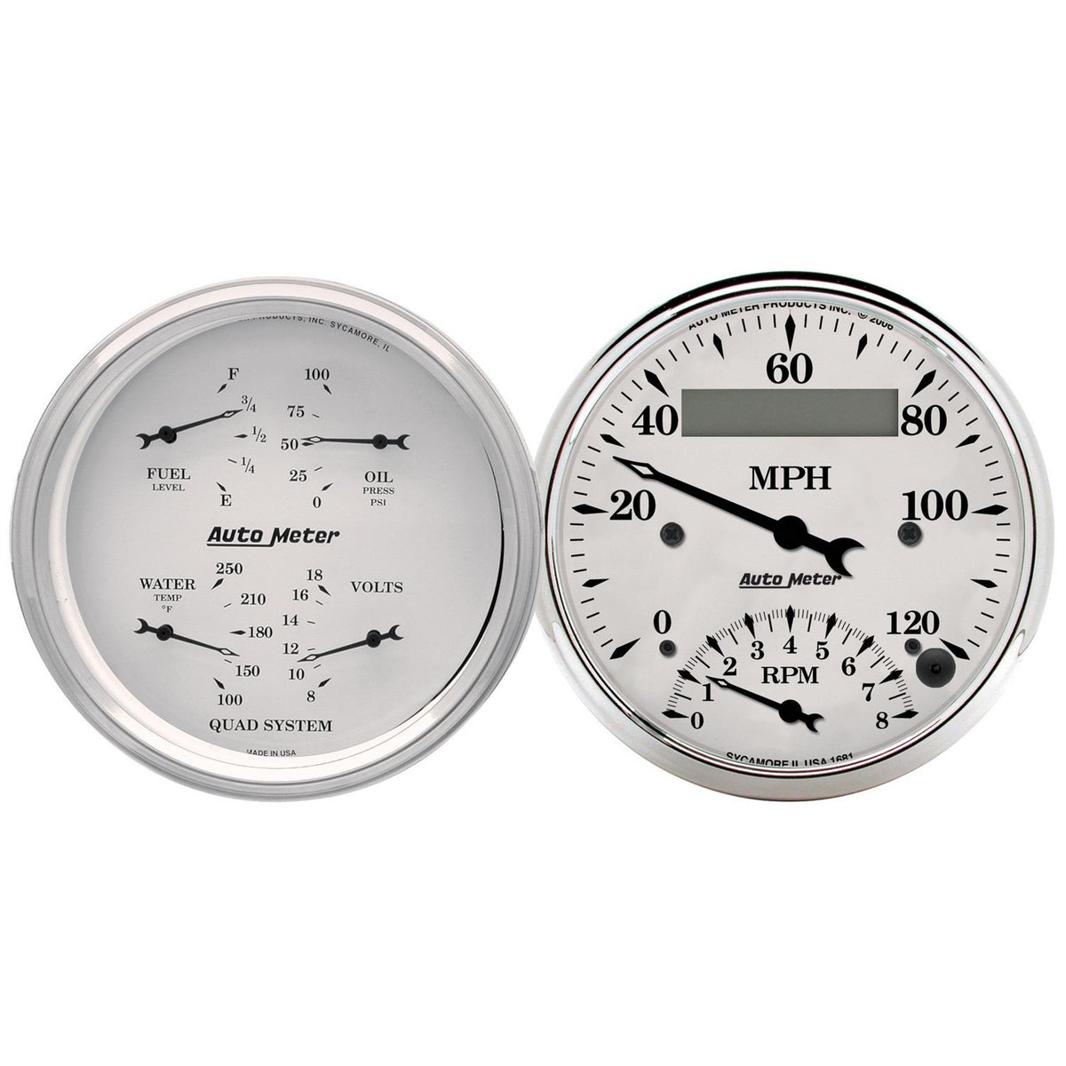 Auto Meter 2 PC. GAUGE KIT, 3-3/8" QUAD & TACH/SPEEDO, 240-33 Ω, OLD TYME WHITE - 1620