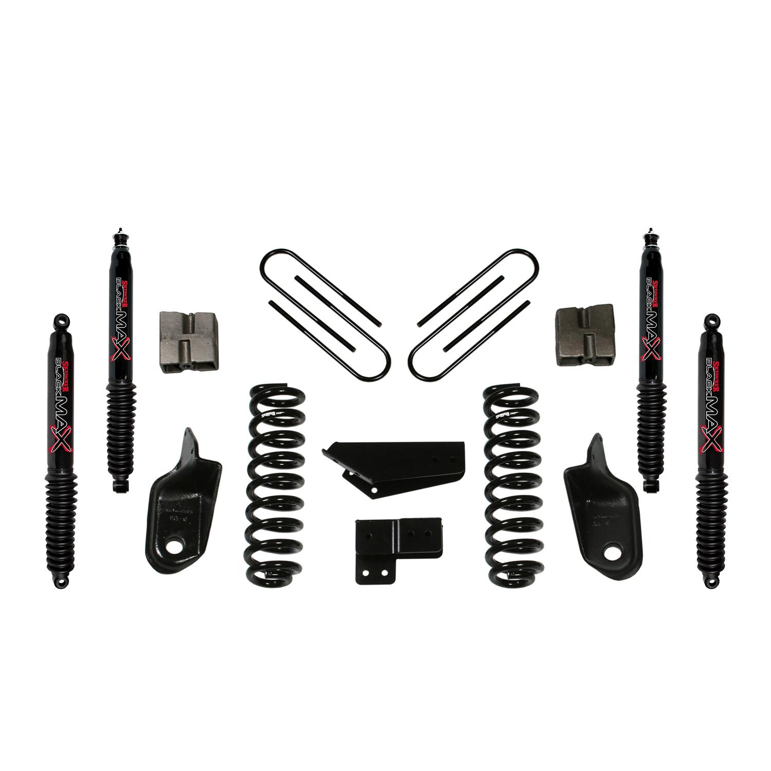 Skyjacker Suspension Lift Kit w/Shock Black MAX Shocks 4 Inch Lift Incl. Front Coil Springs Brackets Rear U Bolt Kit Rear Block - 184BK-B