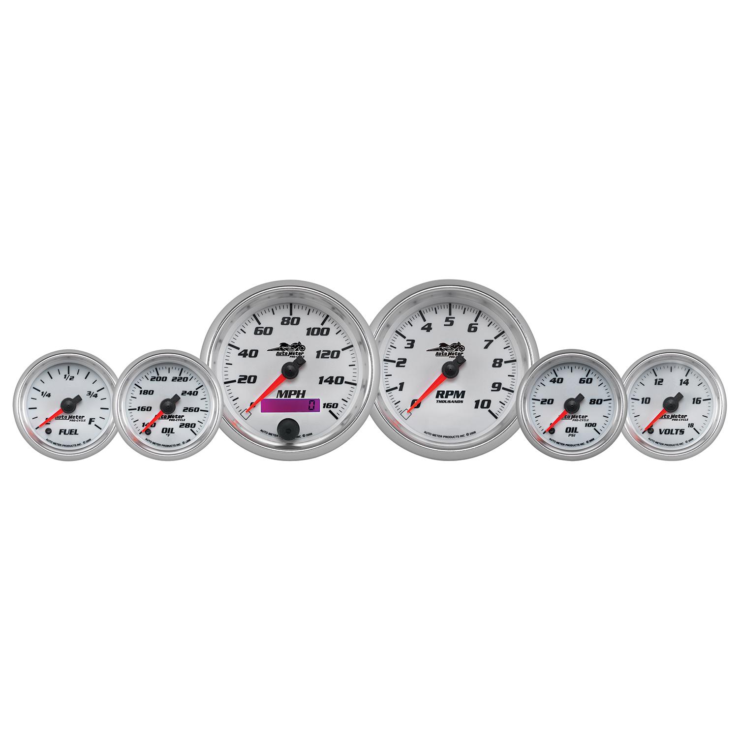Auto Meter 6 PIECE BAGGER KIT, 160 MPH/0-10,000 RPM/100 PSI/140-280 °F/8-18V/280ΩE-0ΩF, WHITE, PRO-CYCLE - 19701