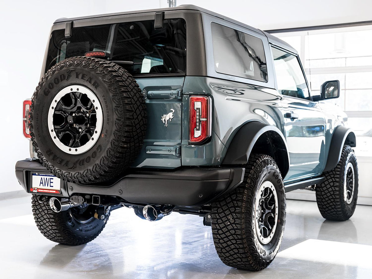 AWE 0FG 3" Catback Exhaust with BashGuard (2021-2025 Ford Bronco 2.3L / 2.7L) - Dual 4.5" Chrome Silver Tips - 3015-32456