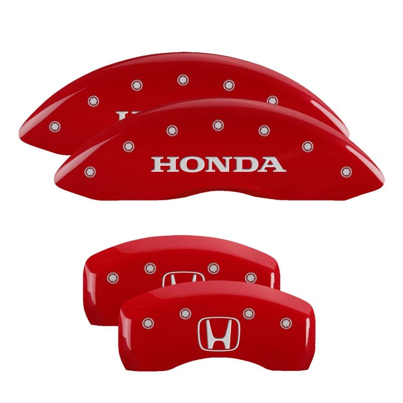 MGP Caliper Covers Set Of 4: Red Finish, Silver Honda / H Logo (2009-2022 Pilot, Ridgeline) - 20213SHOHRD