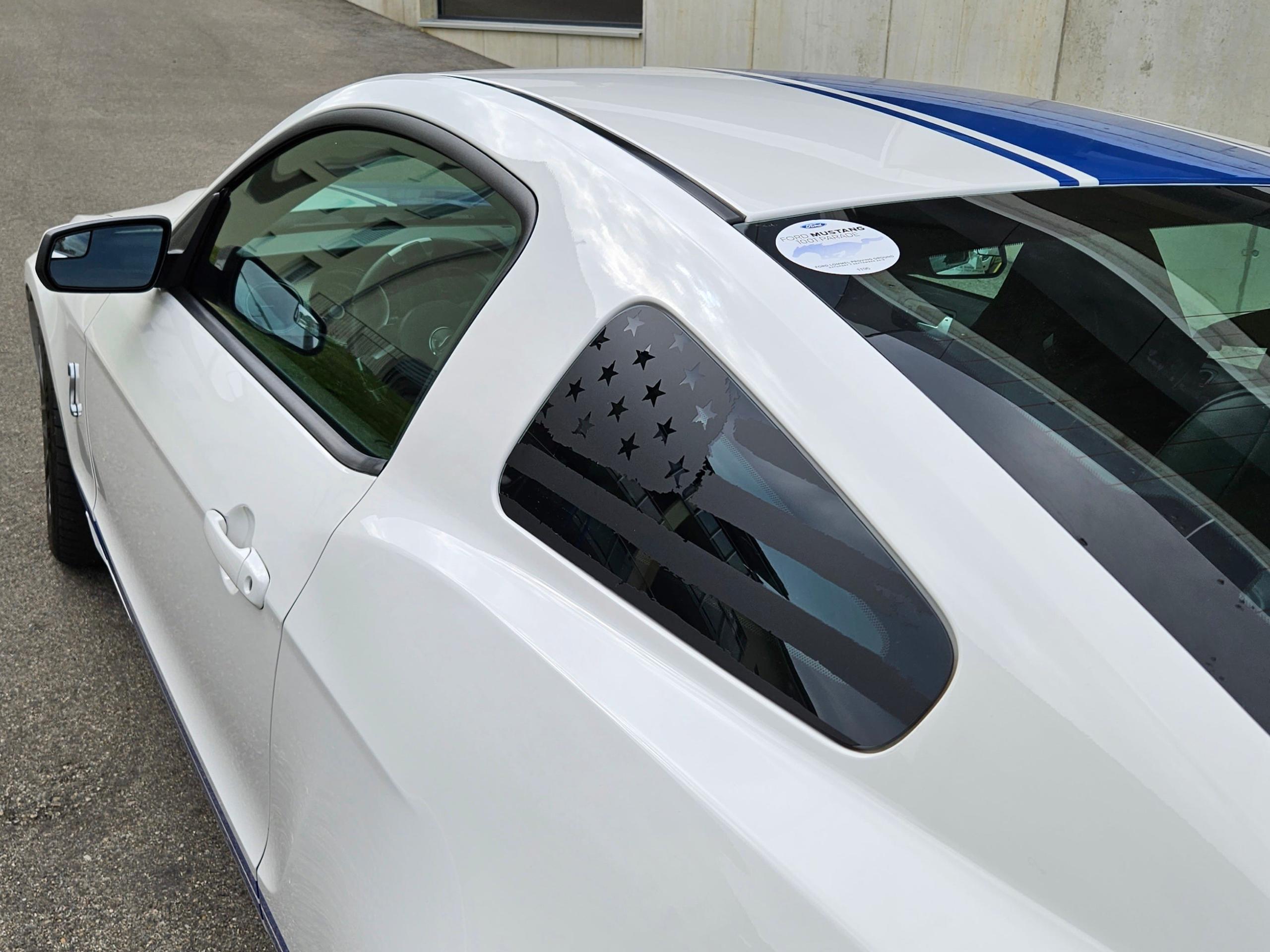 Anchor Room Quarter Window American Flag (2010-2014 Mustang) - Matte Black, Distressed/Tattered - 10FM_QWF_M