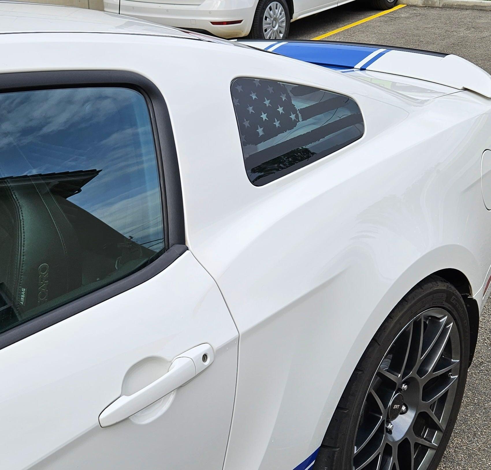 Anchor Room Quarter Window American Flag (2010-2014 Mustang) - Matte Black, Distressed/Tattered - 10FM_QWF_M