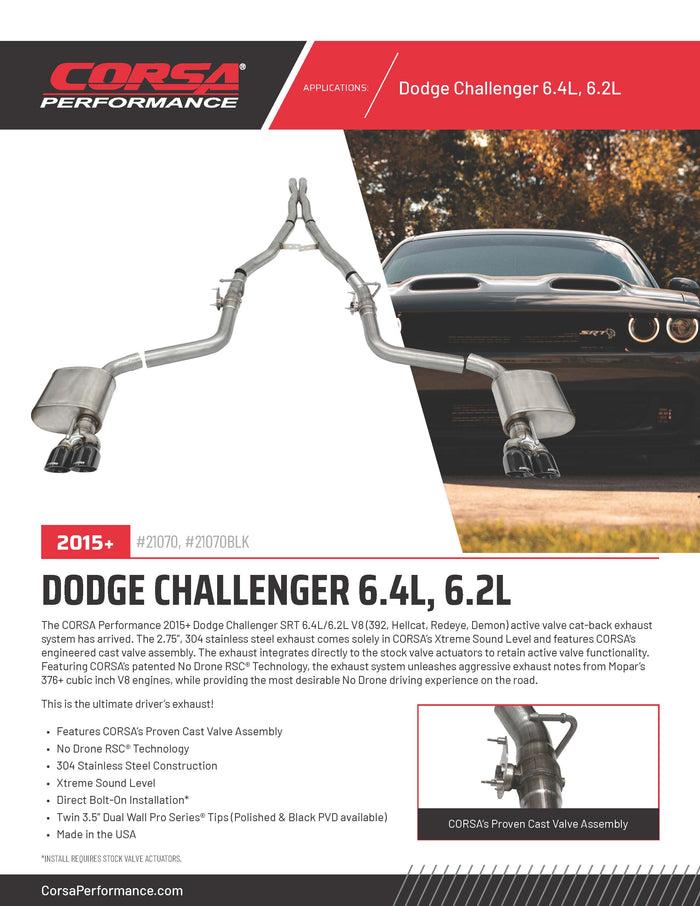 Corsa 2.75" Valved Cat-Back Dual Rear Exit with Twin 3.5" Polished Black PVD Pro Series® Tips (2015-2021 Challenger SRT 392, SRT Hellcat, SRT Demon, SRT Hellcat Redeye) - 21070BLK