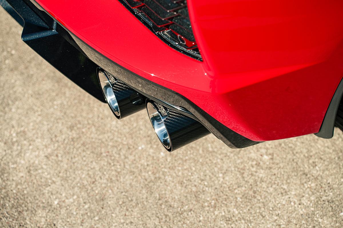 Corsa 3.0 Inch Track Series Cat-Back Muffler Delete Exhaust System with 4.5 Inch Carbon Fiber and Polished Flat Cut Tips 20-25 Chevrolet Corvette C8 - 21104CF