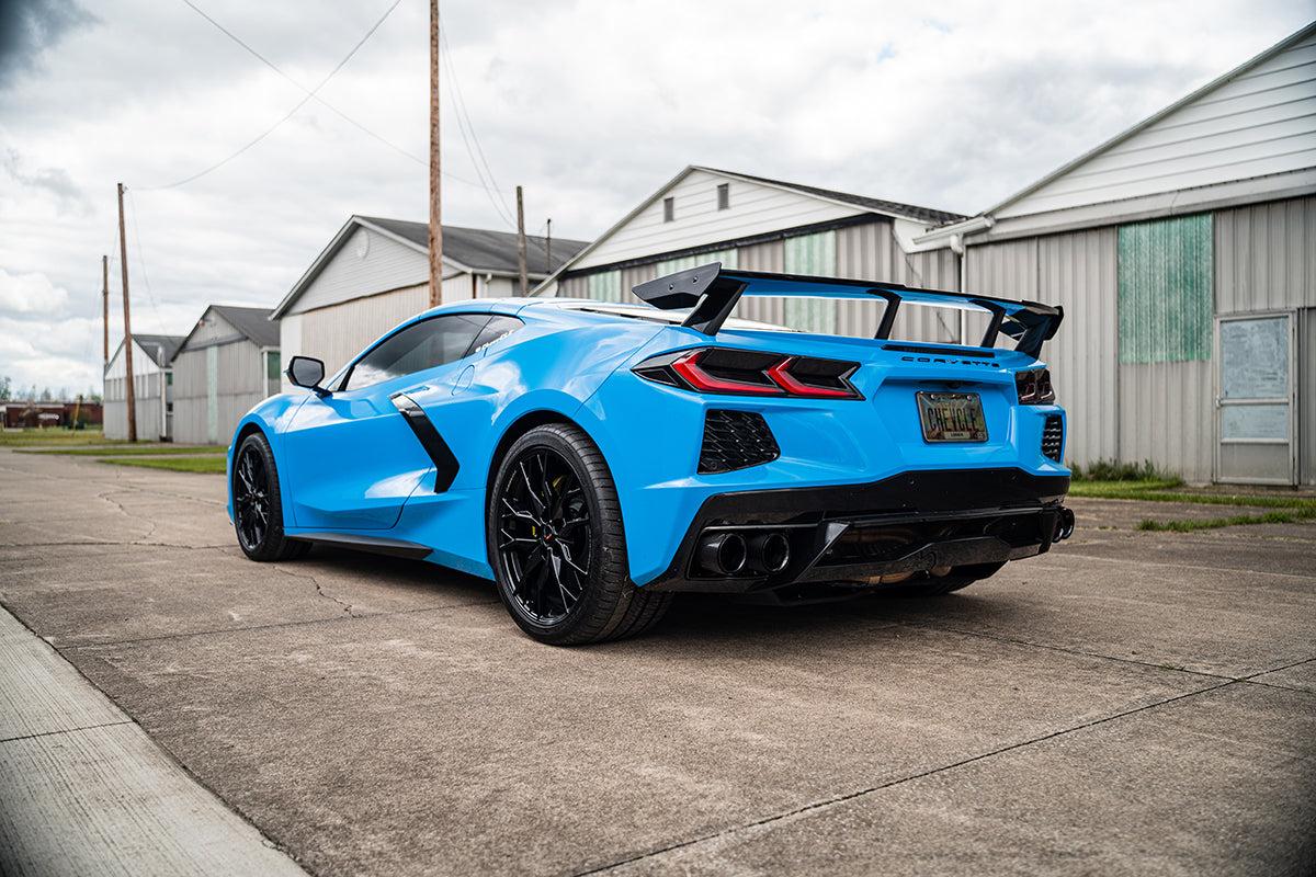 Corsa 3.0 Inch Track Series Cat-Back Muffler Delete Exhaust System with 4.5 Inch Carbon Fiber and Polished Flat Cut Tips 20-25 Chevrolet Corvette C8 - 21104CF