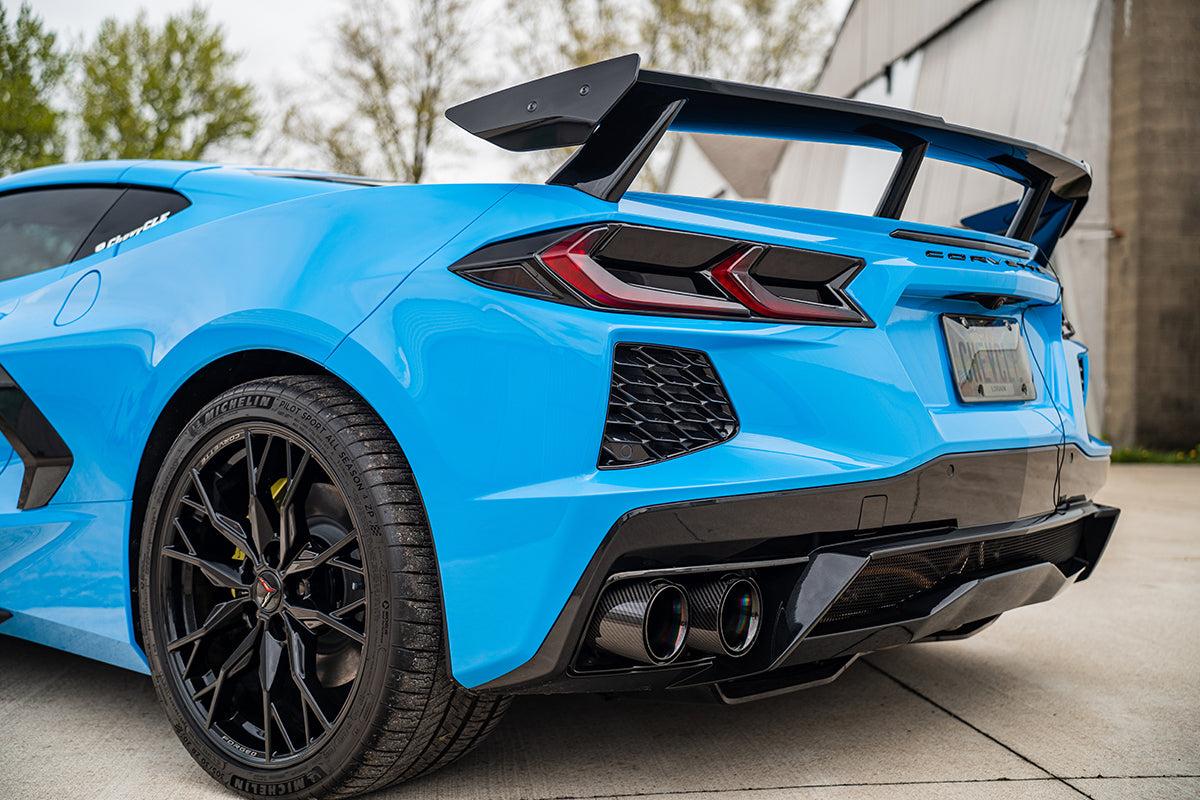 Corsa 3.0 Inch Track Series Cat-Back Muffler Delete Exhaust System with 4.5 Inch Carbon Fiber and Polished Flat Cut Tips 20-25 Chevrolet Corvette C8 - 21104CF