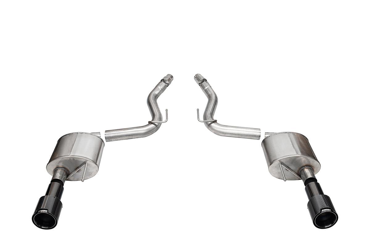 Corsa 3.0 Inch Dual Rear Exit Axle-Back Exhaust System with 4.5 Inch Straight Cut Carbon Fiber Black Tips Sport Sound Level 24-25 Ford Mustang GT - 21253CFBLK