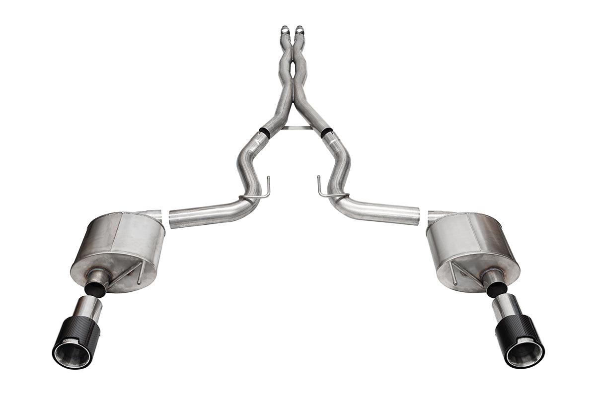 Corsa 3.0 Inch Dual Rear Exit Cat-Back Exhaust System with 4.5 Inch Straight Cut Carbon Fiber Tips Sport Sound Level 24-25 Ford Mustang GT - 21255CF