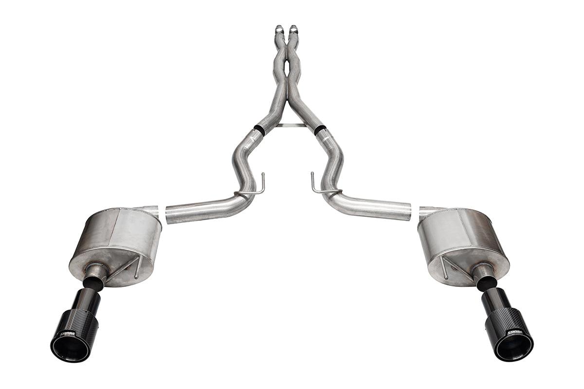 Corsa 3.0 Inch Dual Rear Exit Cat-Back Exhaust System with 4.5 Inch Straight Cut Carbon Fiber Black Tips Sport Sound Level 24-25 Ford Mustang GT - 21255CFBLK