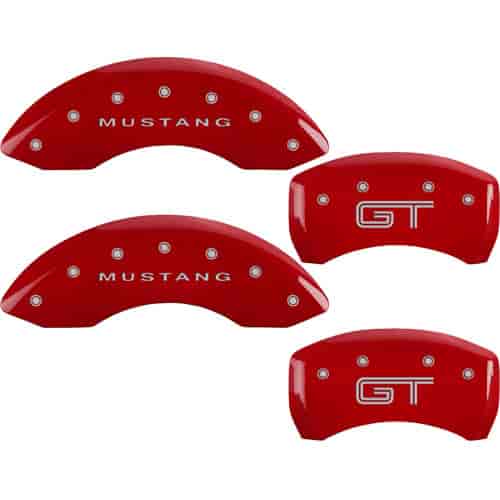 MGP Set of 4 caliper covers, Engraved Front: Mustang - Engraved Rear: S197/GT, Red powder coat finish, silver characters. (2005-2009 Mustang Base, Mustang GT, Mustang Shelby GT, Mustang Bullitt) - 10197SMG2RD