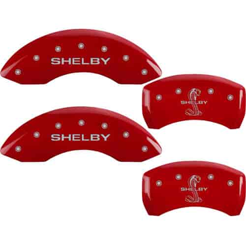 MGP Set Of 4: Red Finish, Silver Shelby / Tiffany Snake Engraving (2010-2014 Mustang Base, Mustang GT) - 10198SSBYRD
