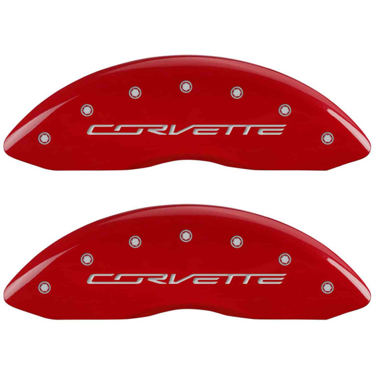 MGP Set of 4 caliper covers, Engraved Front and Rear: C7/Corvette, Red powder coat finish, silver characters. (2014-2019 Corvette Stingray) - 13009SCV7RD