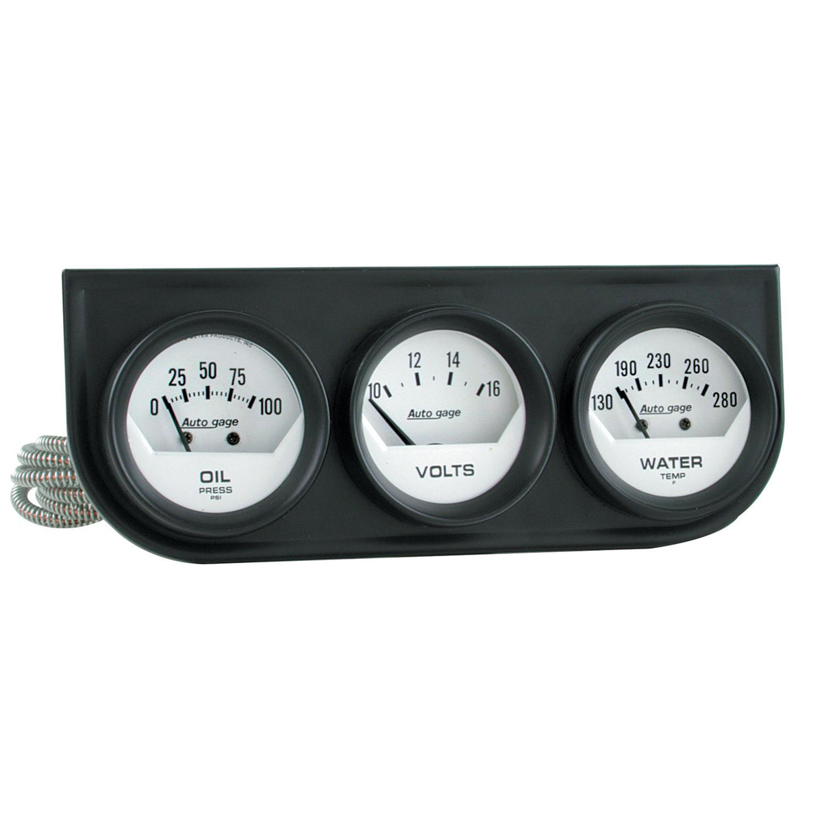 Auto Meter GAUGE CONSOLE, OILP/WTMP/VOLT, 2-1/16", 100 PSI/280 °F/16V, WHT DIAL, BLK BZL, AG - 2324