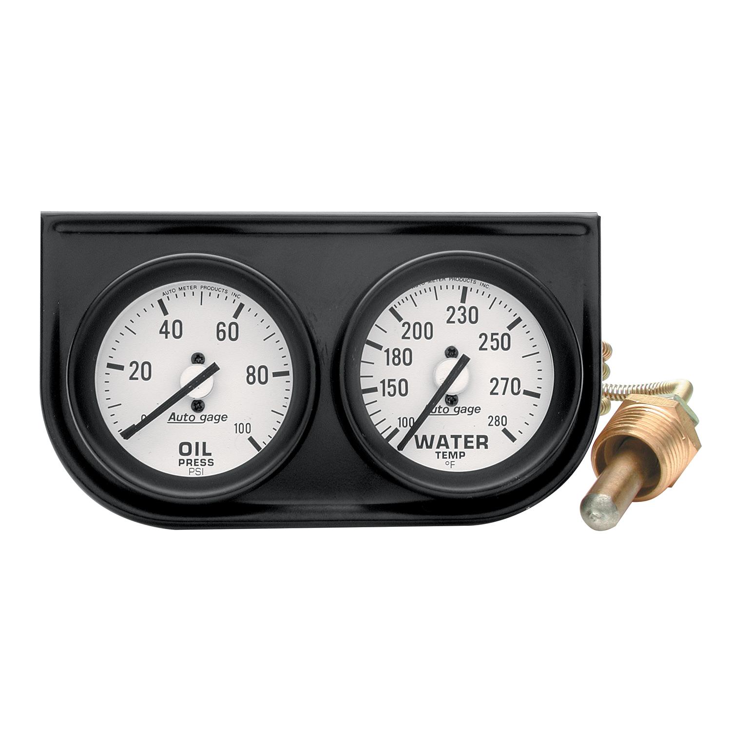 Auto Meter GAUGE CONSOLE, OILP/WTMP, 2-1/16", 100 PSI/280 °F, WHT DIAL, BLK BZL, AUTOGAGE - 2326
